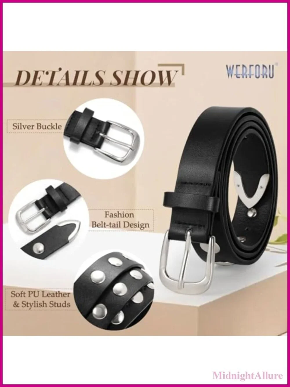 WERFORU Women's PU Leather Studded Belt with Gold Buckle